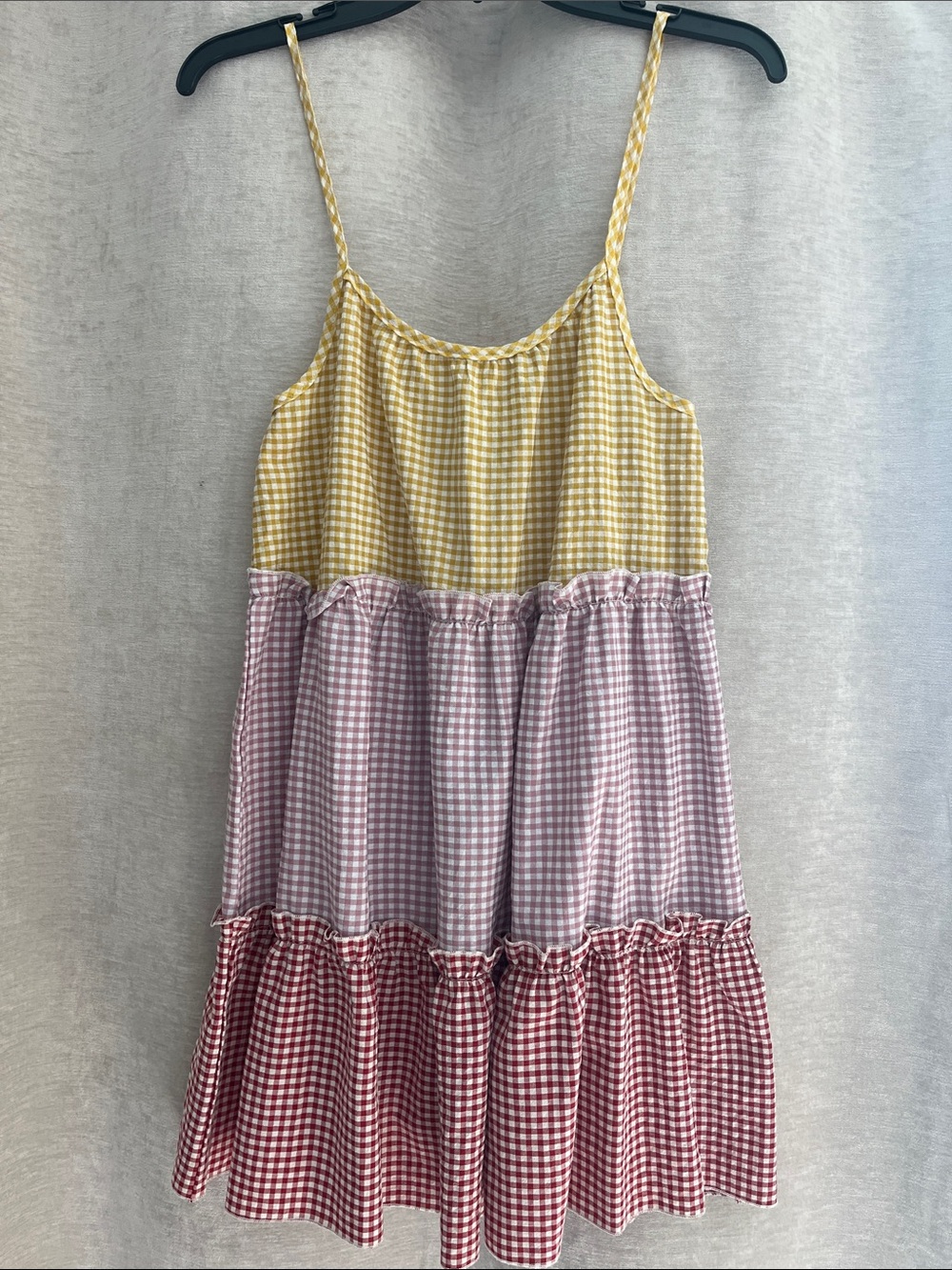 Tiered Gingham Mini Dress in Yellow, Lavender & Red
